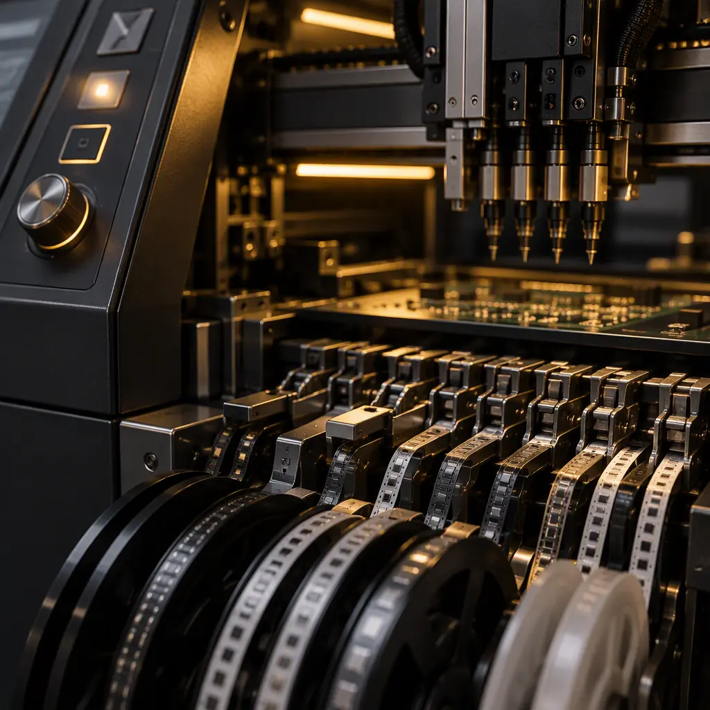 Macro photo of SMT component feeders loaded with reels on a preparation cart beside a placement machine in an electronics factory
