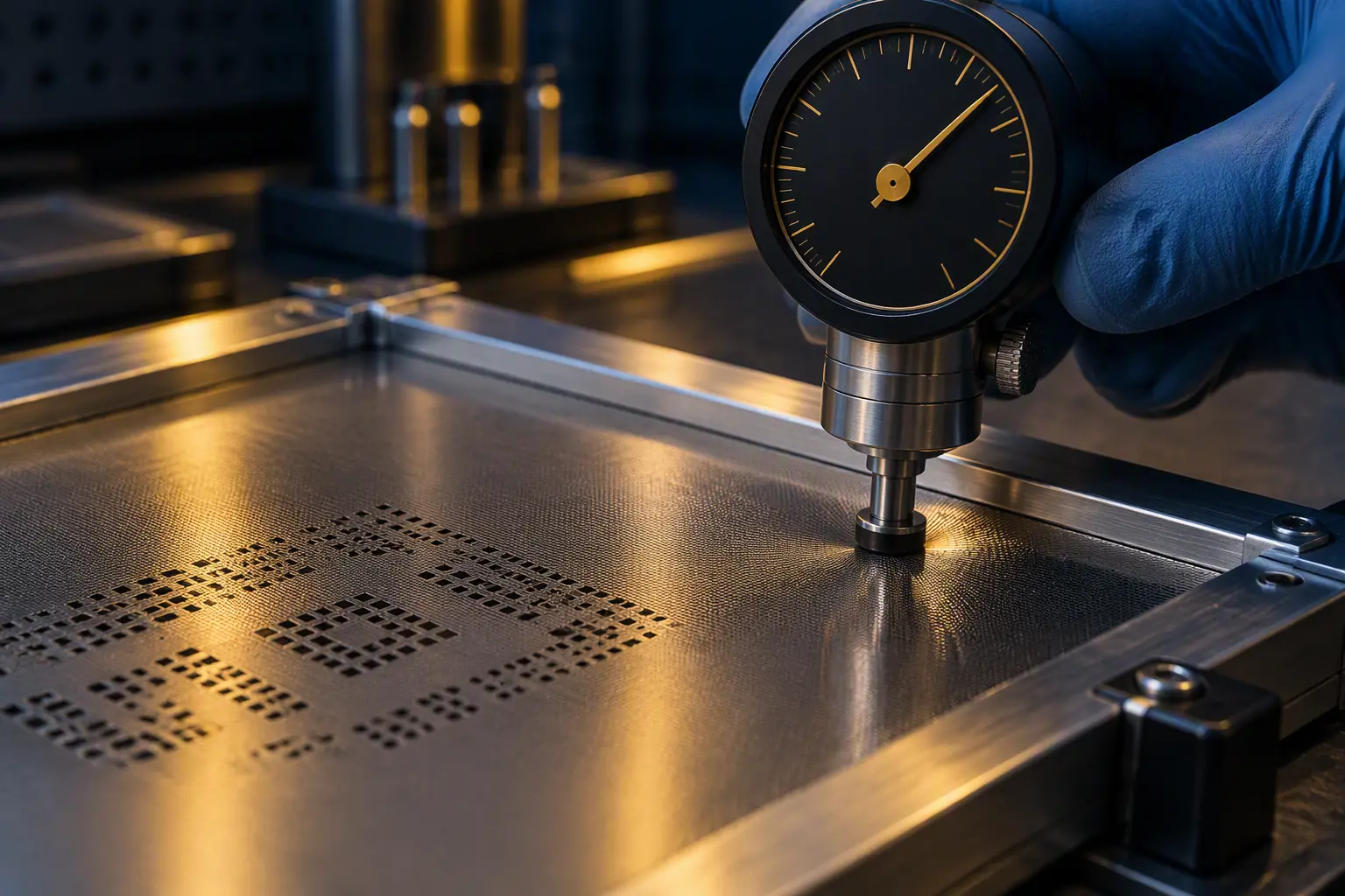 SMT stencil being inspected on a tension gauge in a PCB assembly facility