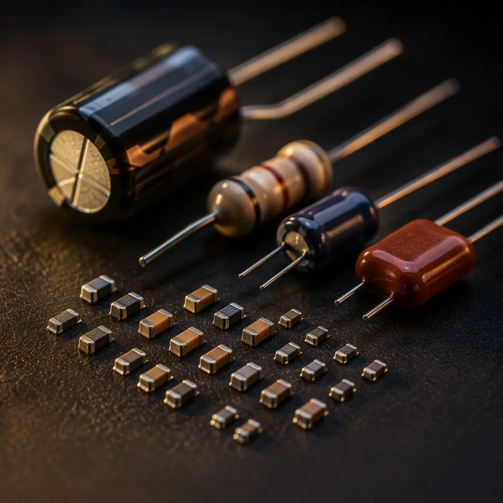 Macro photo comparing miniature surface mount resistors and capacitors next to larger through-hole components on a workbench