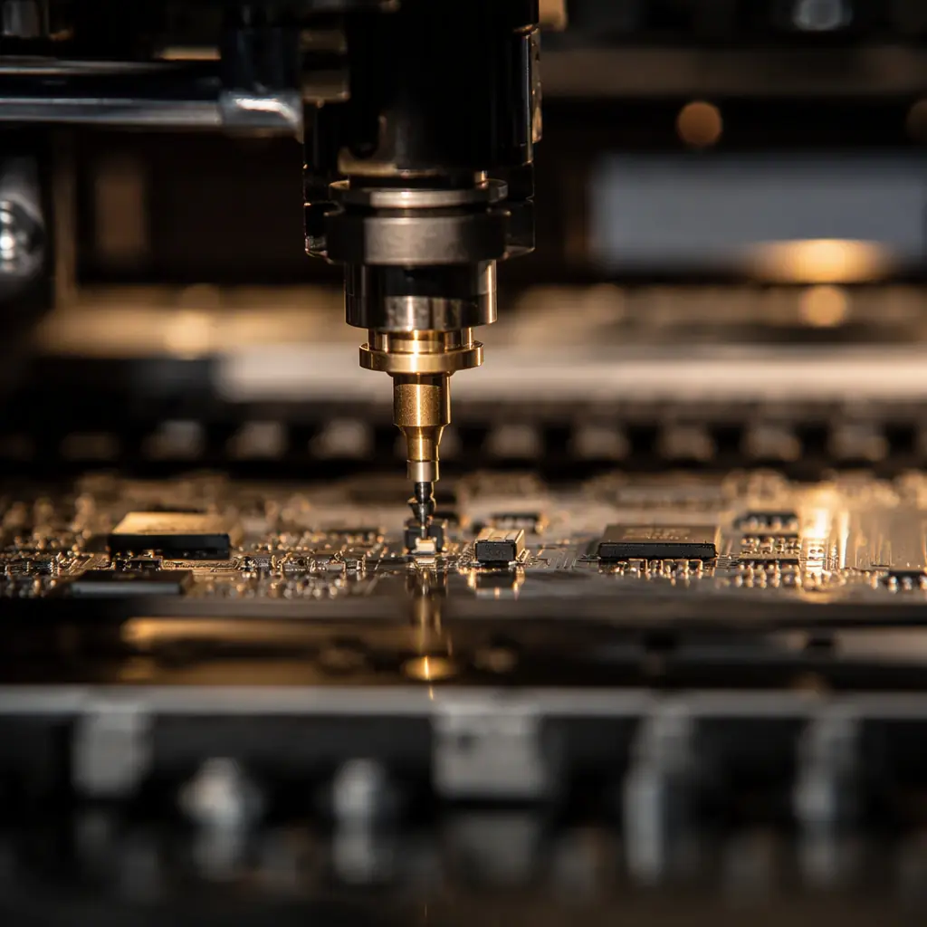 Photorealistic macro photo comparing surface mount components and through-hole components on an assembled PCB