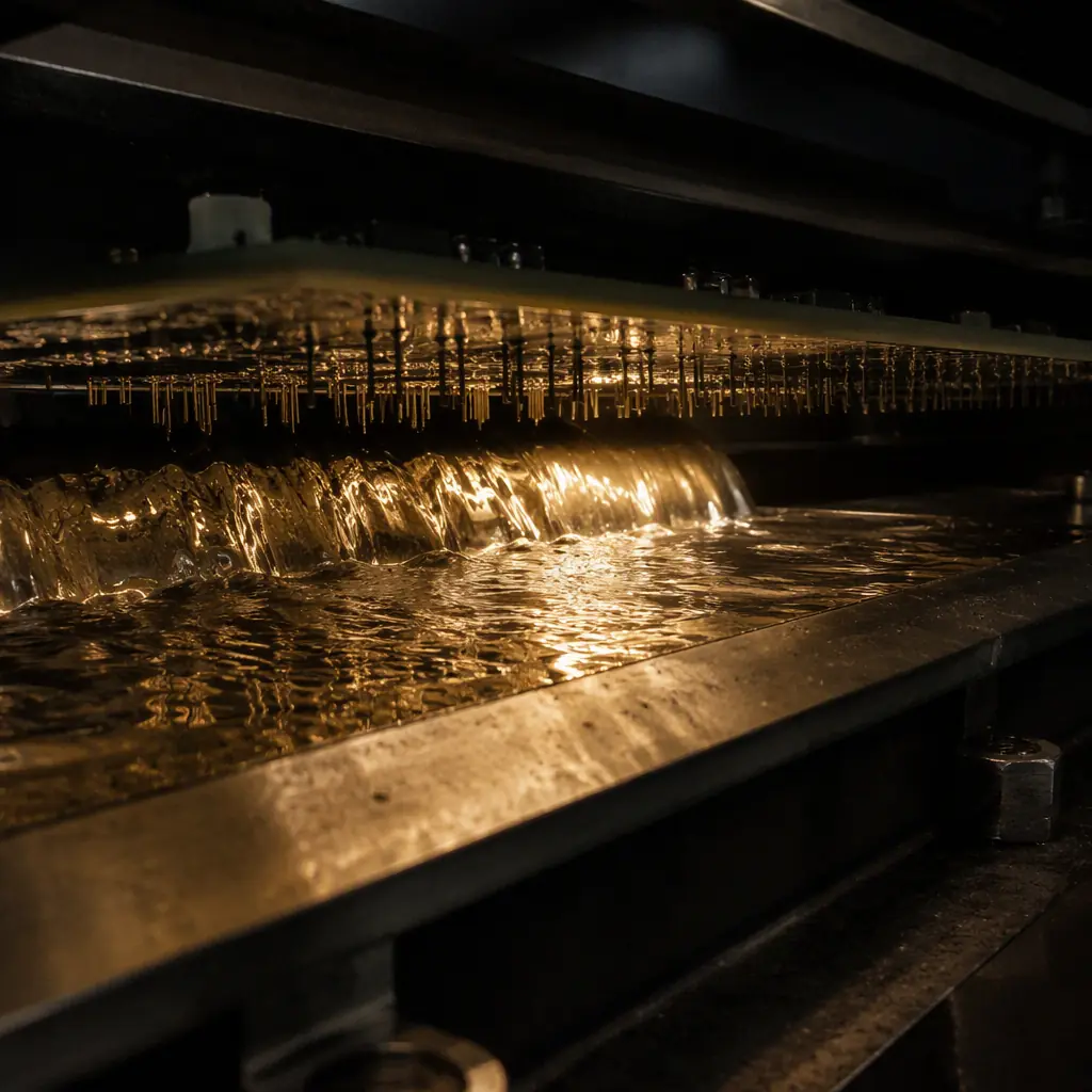 Photorealistic photo of a wave soldering machine soldering through-hole components on a PCB assembly line