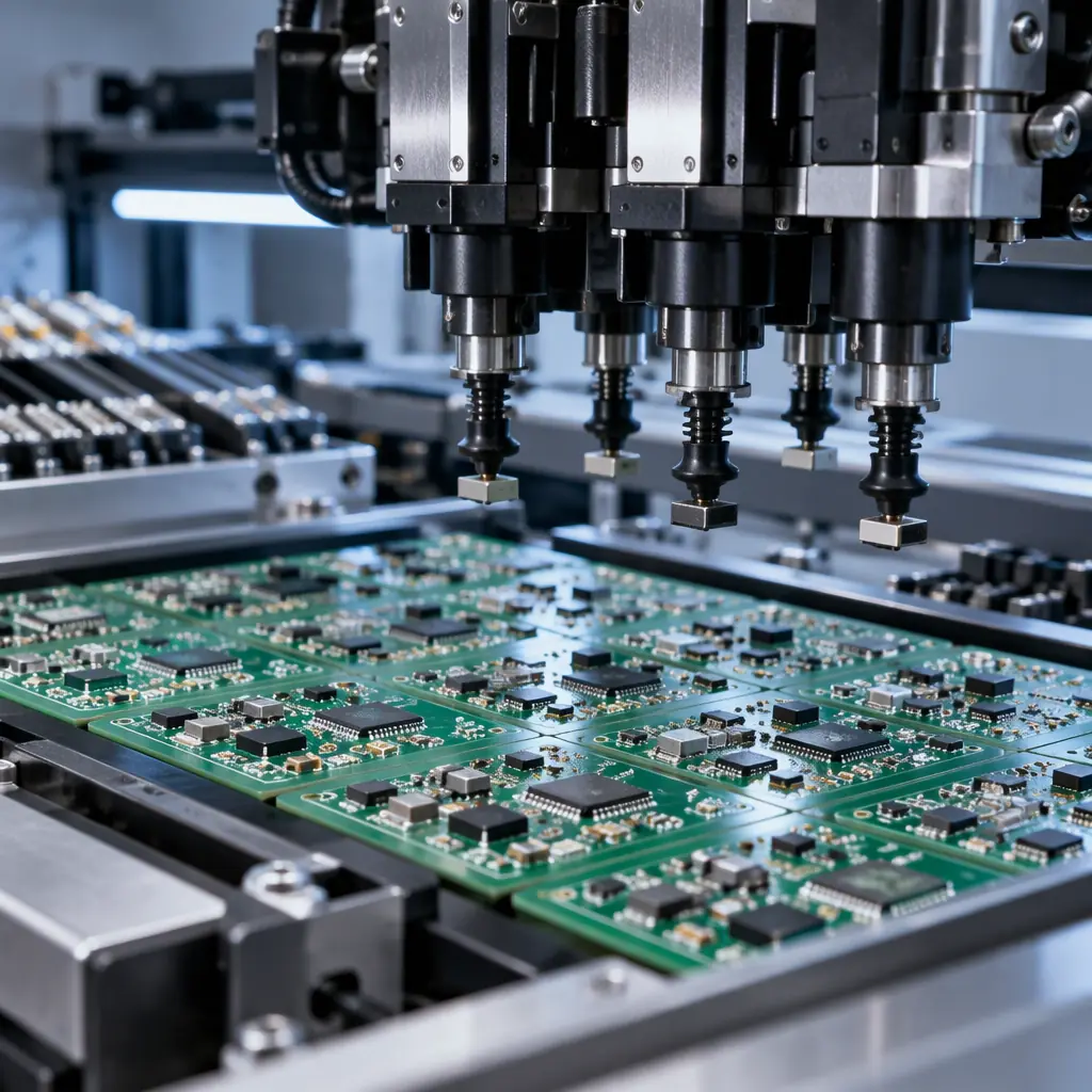Macro photograph of a populated surface mount PCB on a conveyor exiting a reflow oven, solder joints reflecting warm oven light, shallow depth of field