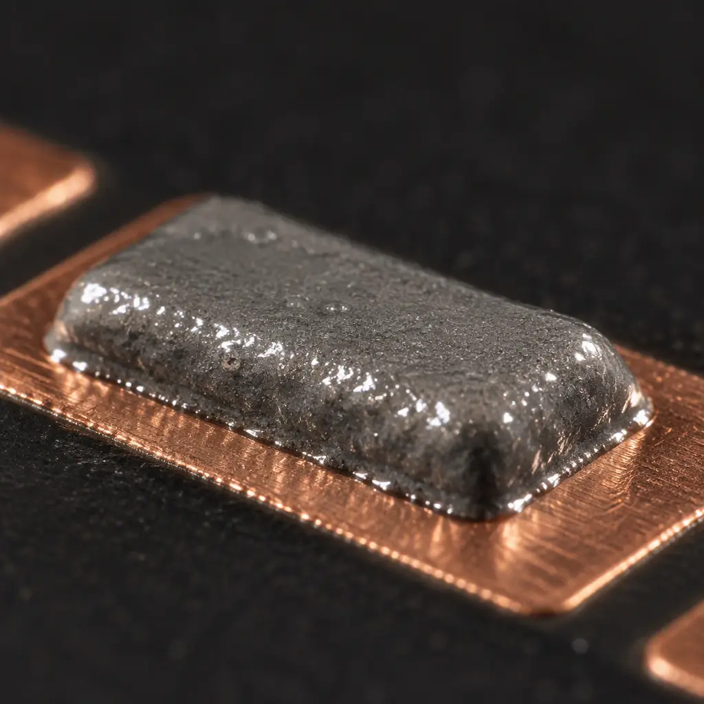 Macro photograph of a solder paste deposit on a PCB pad viewed at an angle, glossy grey paste with sharp stencil-defined edges on copper, studio lighting