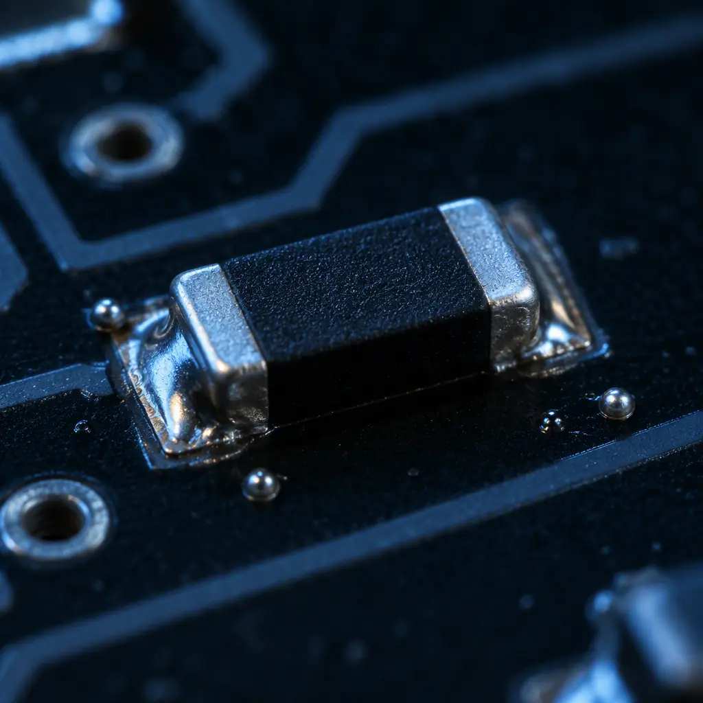 Extreme macro photograph of small spherical solder balls on a dark green PCB solder mask beside SMT joints, dramatic side lighting revealing the metallic reflections