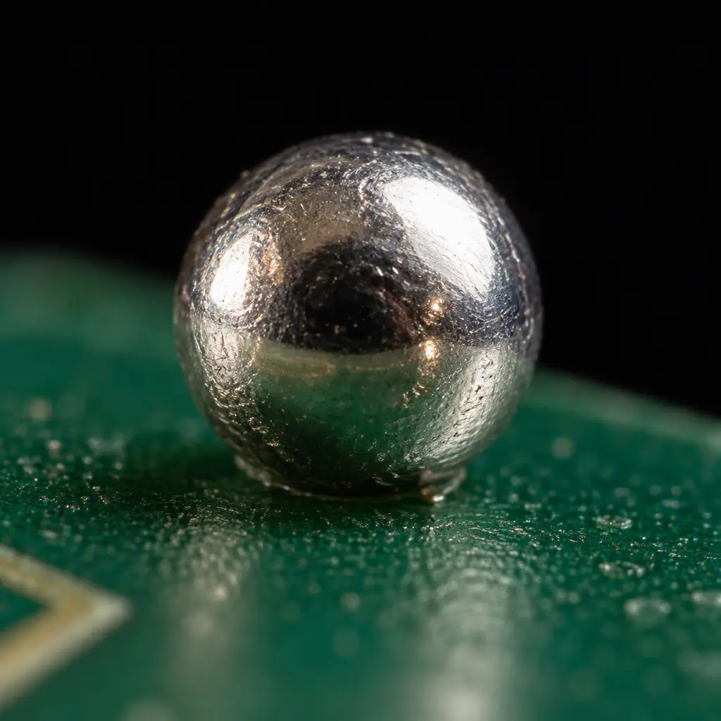 Macro photograph of a chip resistor on a PCB showing the solder fillet at the terminations with small stray spheres nearby, cool blue lighting against a dark background