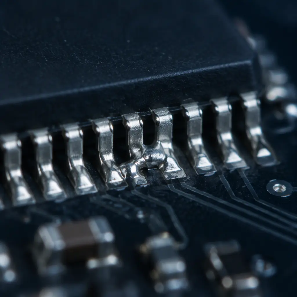 Extreme close-up of a single solder ball resting on PCB solder mask, spherical metallic surface reflecting light, fine surrounding surface texture, dark background