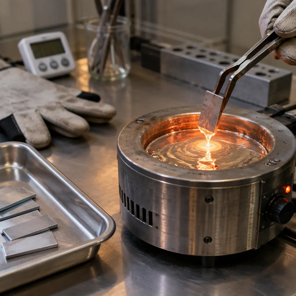 Macro photograph of a small rectangular test specimen floating on a still pool of molten silver solder inside a laboratory crucible, bright metallic surface with soft reflection