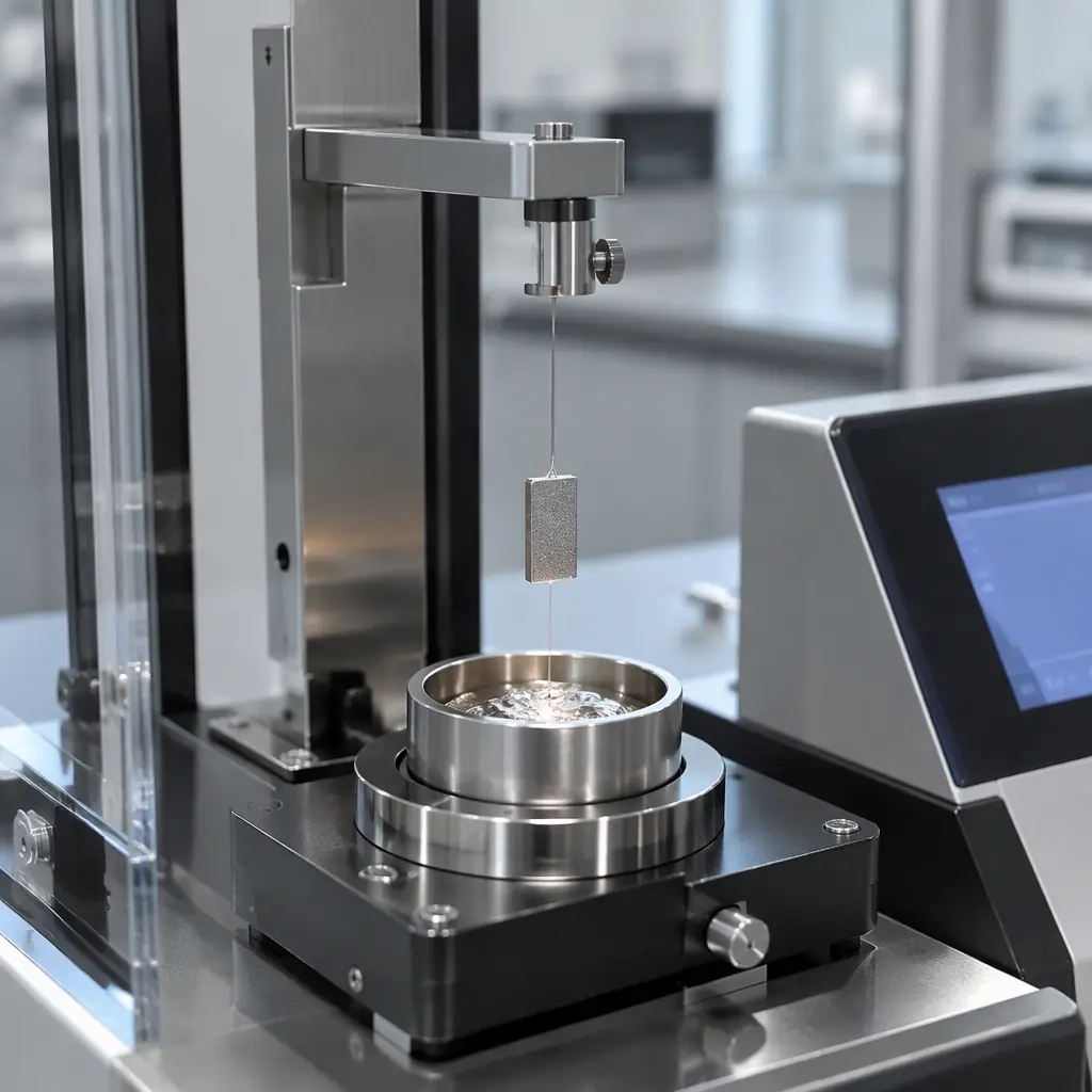 Close-up photograph of a laboratory wetting balance instrument with a small metal specimen suspended above a solder pot, clean instrument surfaces and fine suspension wire