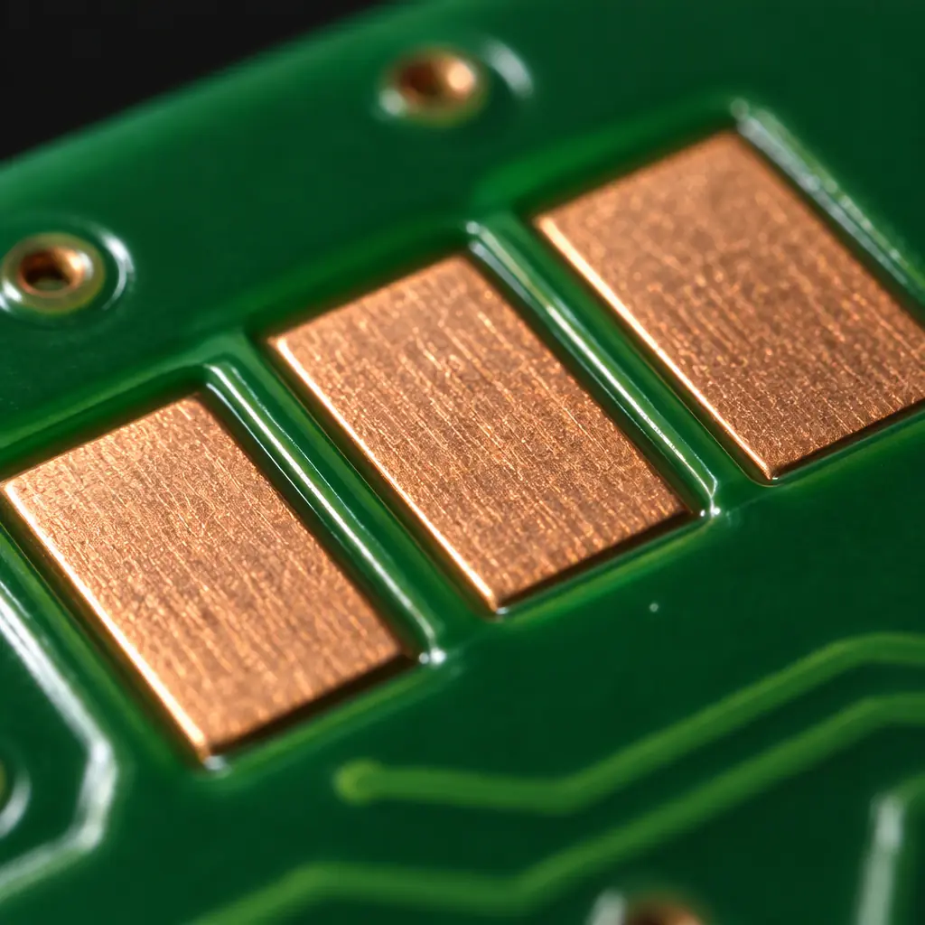 Macro photograph of a green LPI solder mask surface on a PCB, showing the glossy cured polymer coating flowing over copper traces with pad openings cleanly defined