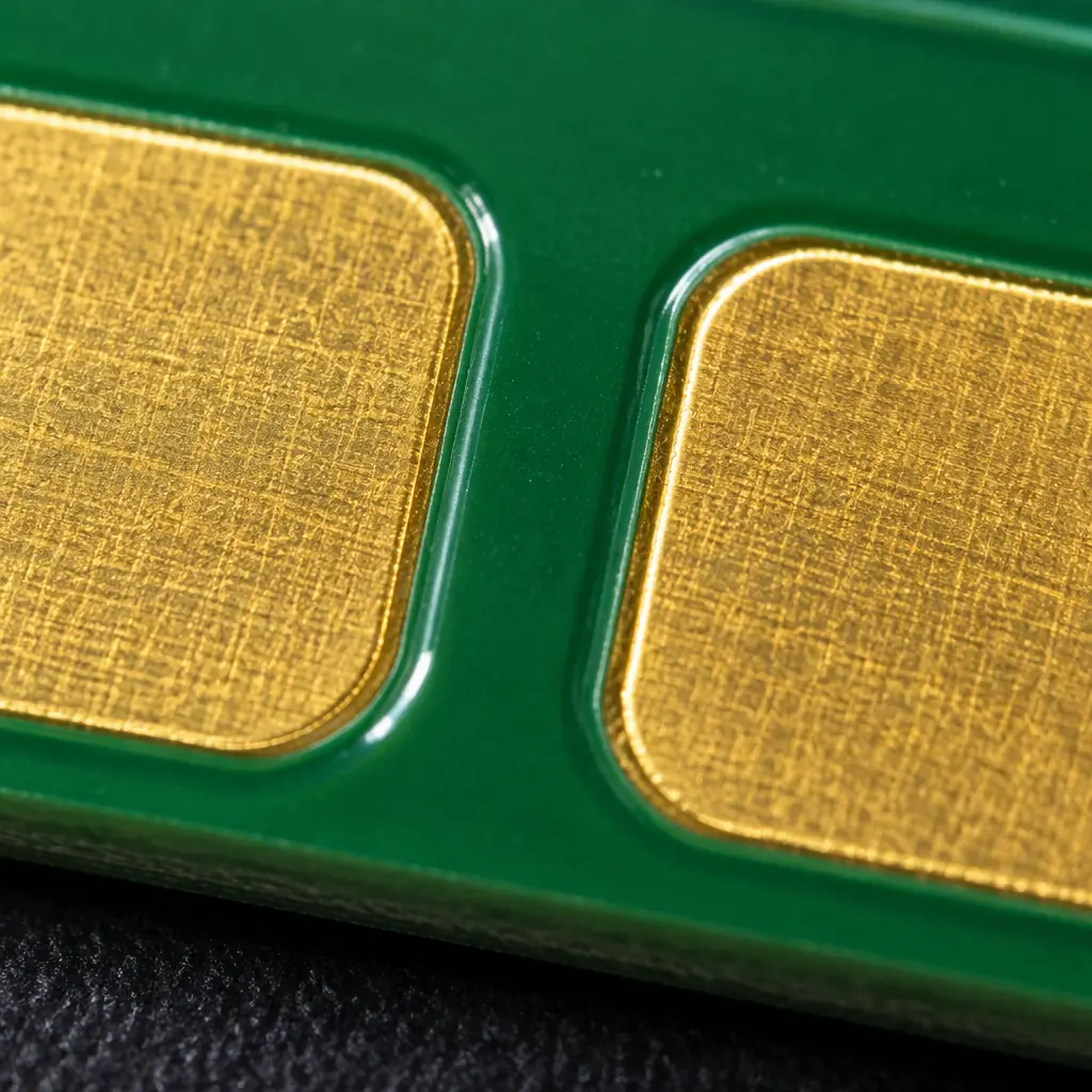 Extreme close-up macro photograph of a PCB showing a narrow green solder mask dam running between two exposed gold pads, with clean edges on the pad openings