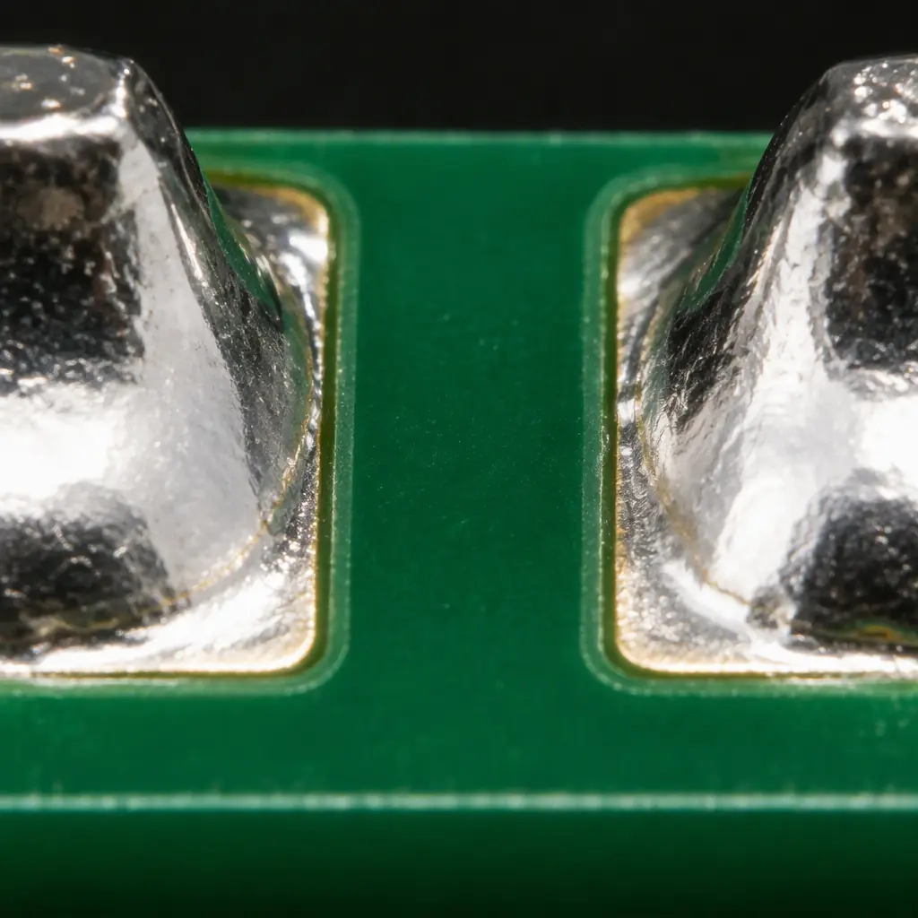 Macro photograph of a reflowed PCB surface showing a cured green solder mask dam running cleanly between two bright solder joints, with the mask edge following the pad boundary precisely