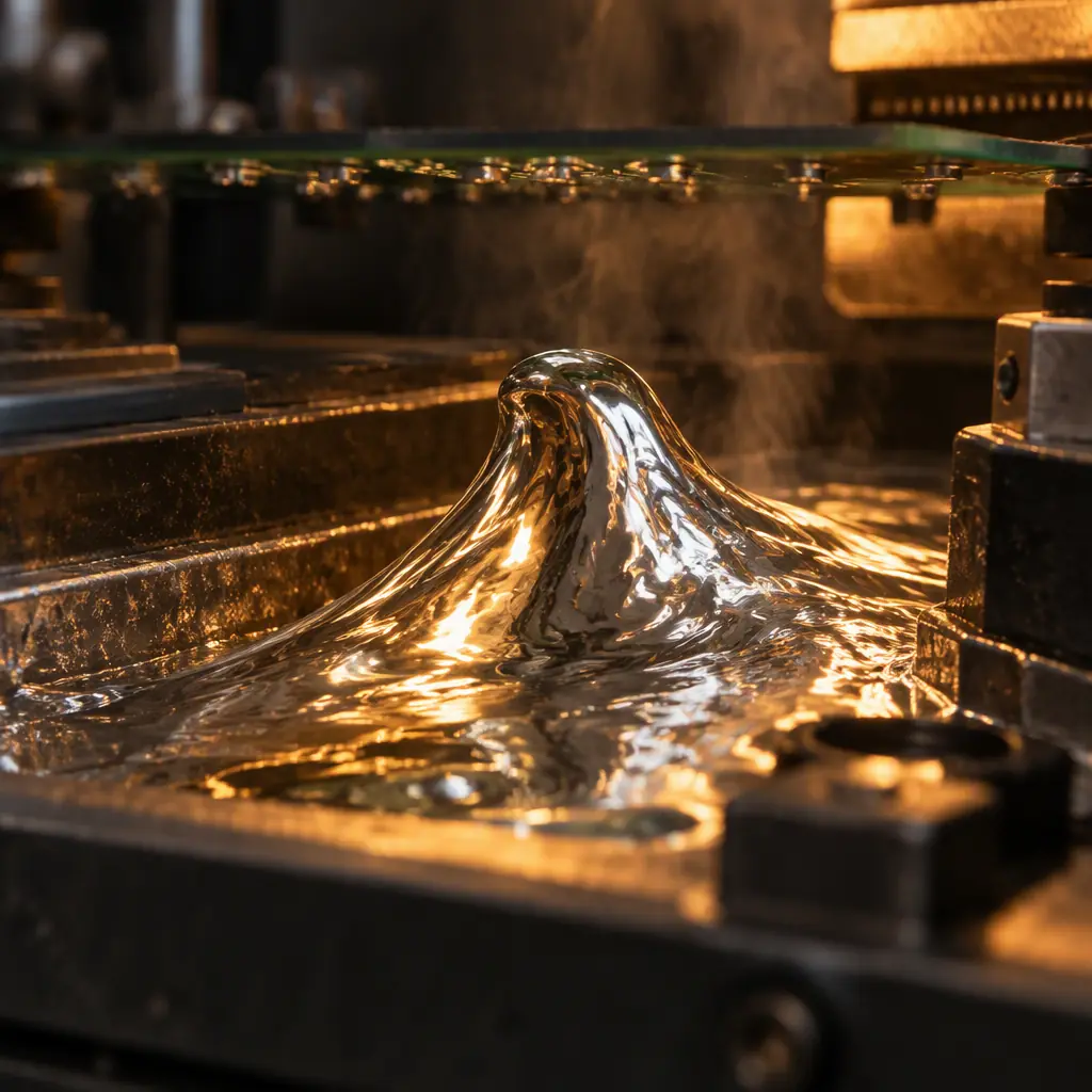 Close-up of a molten solder wave cresting in a wave soldering machine nozzle