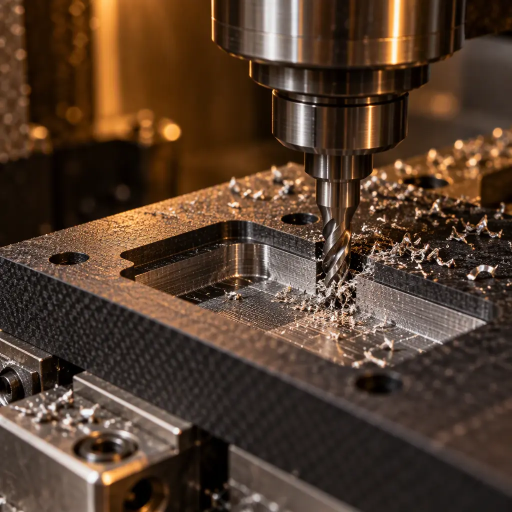 CNC milling machine cutting a precision pocket into a dark composite pallet blank