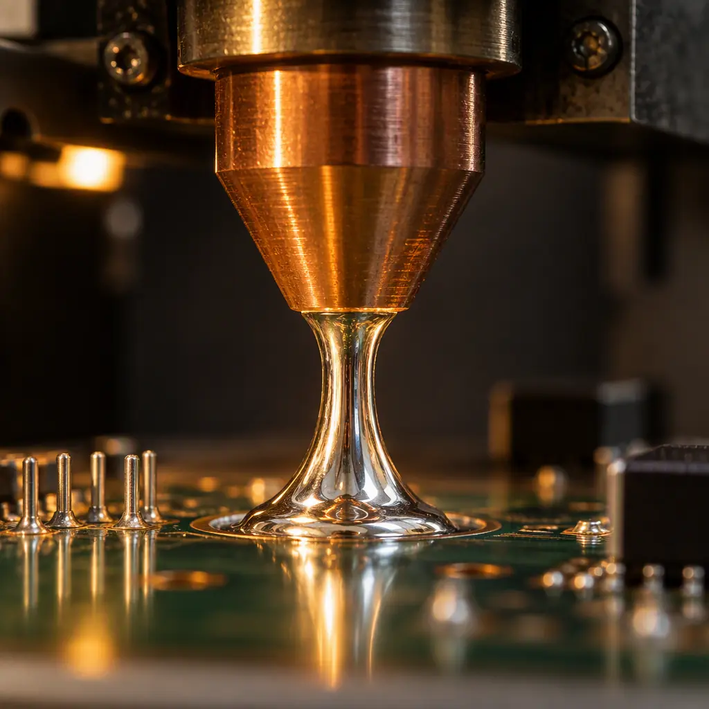 Selective soldering nozzle depositing a small solder fountain onto a PCB