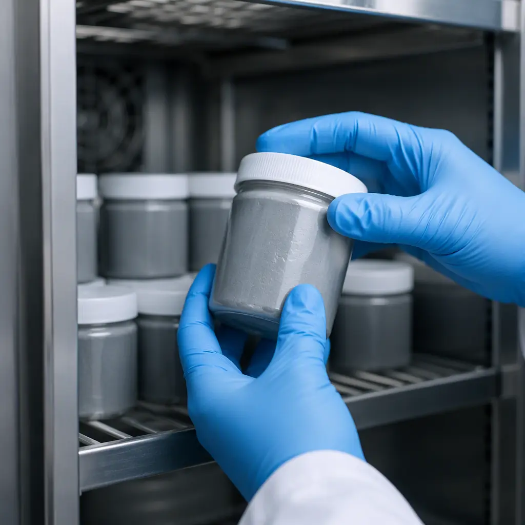 Jars of solder paste being removed from a refrigerated storage cabinet in a printed circuit board assembly facility