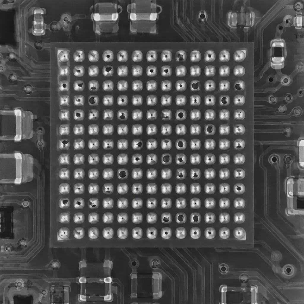 Photorealistic grey-scale x-ray image of a BGA package on a PCB showing an array of solder balls with visible dark circular voids inside several balls