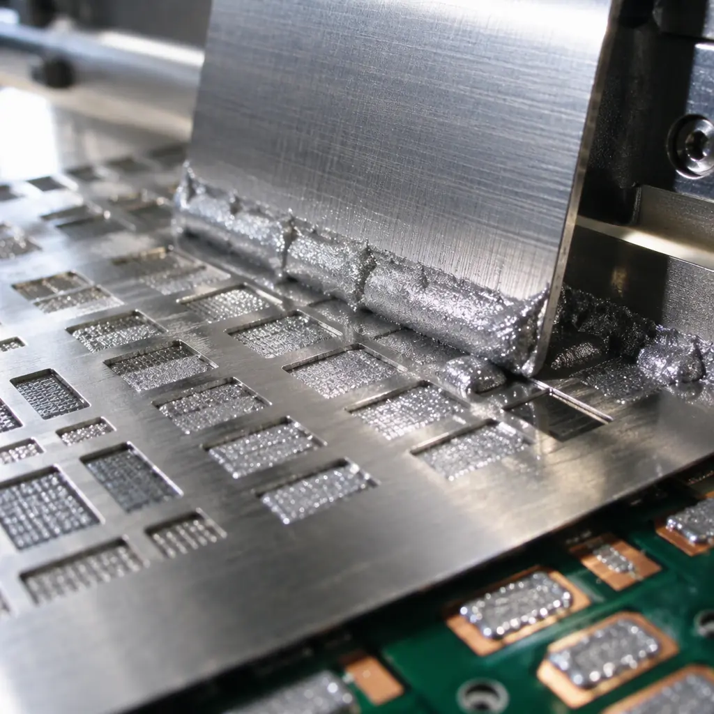 Macro photograph of solder paste printed on a stencil during SMT assembly under bright machine lighting with metallic paste deposits on copper pads