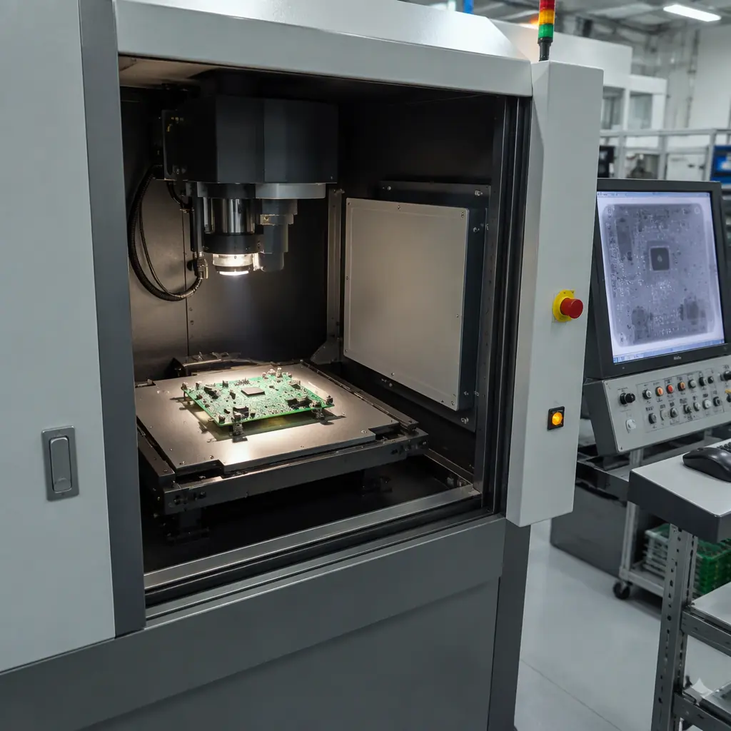Photorealistic macro of an x-ray inspection machine viewing a populated PCB with a large exposed thermal pad under inspection lighting in an electronics factory