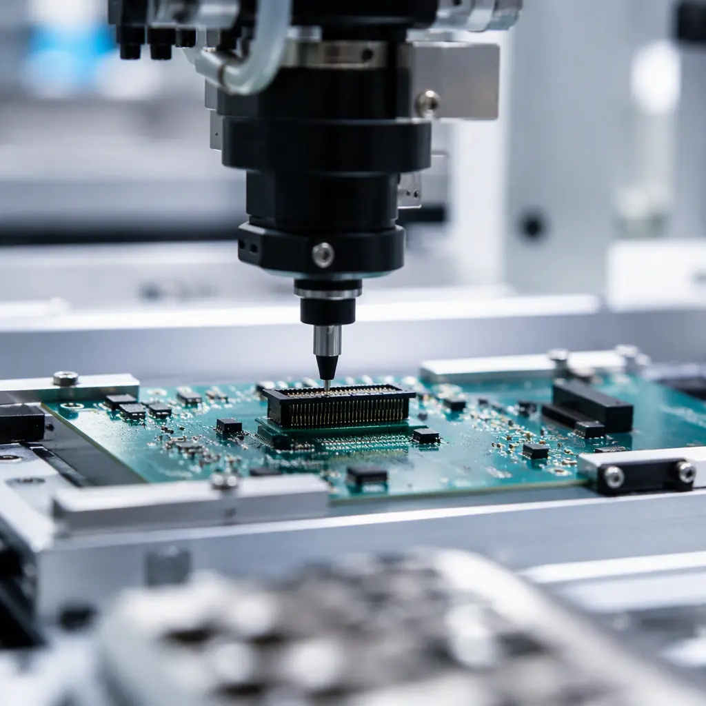 Macro photo of an SMT line placing a fine-pitch connector on a carrier board
