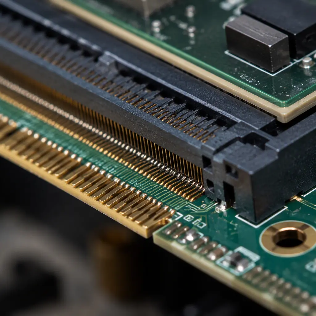 Macro photo of a system-on-module seated on its carrier board connector