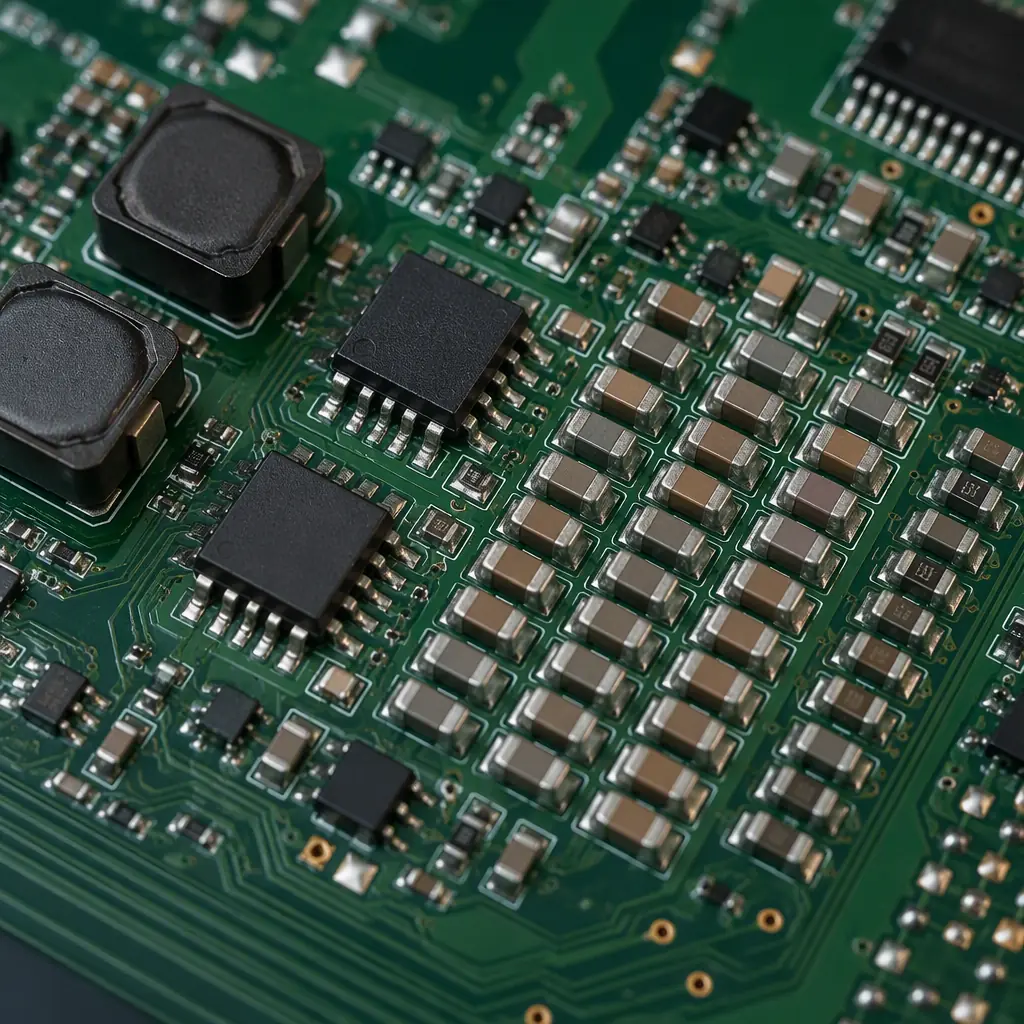 Macro photo of the power tree section of a carrier board with buck converters and decoupling capacitors