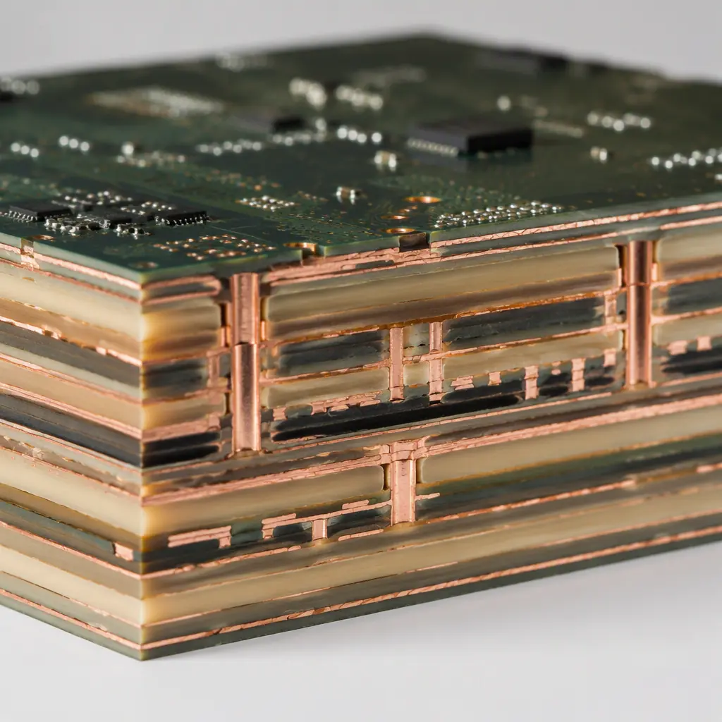 Photorealistic cross-section of a multi-layer carrier board showing copper and dielectric layers