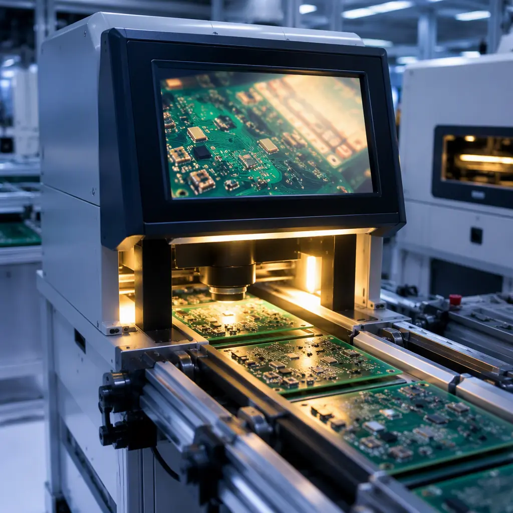 Quality inspection station with automated optical inspection machine checking assembled circuit boards