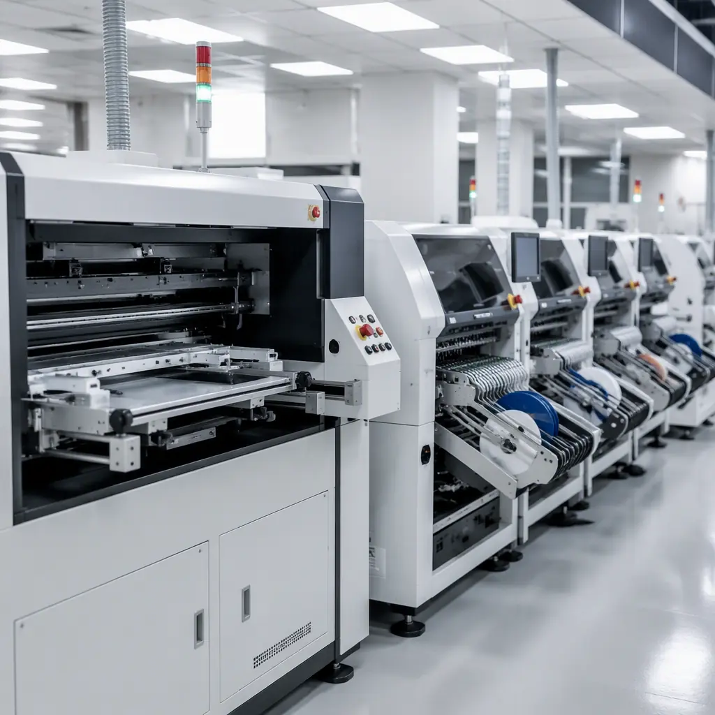 Modern SMT assembly line in an electronics factory with pick-and-place machines under clean lighting