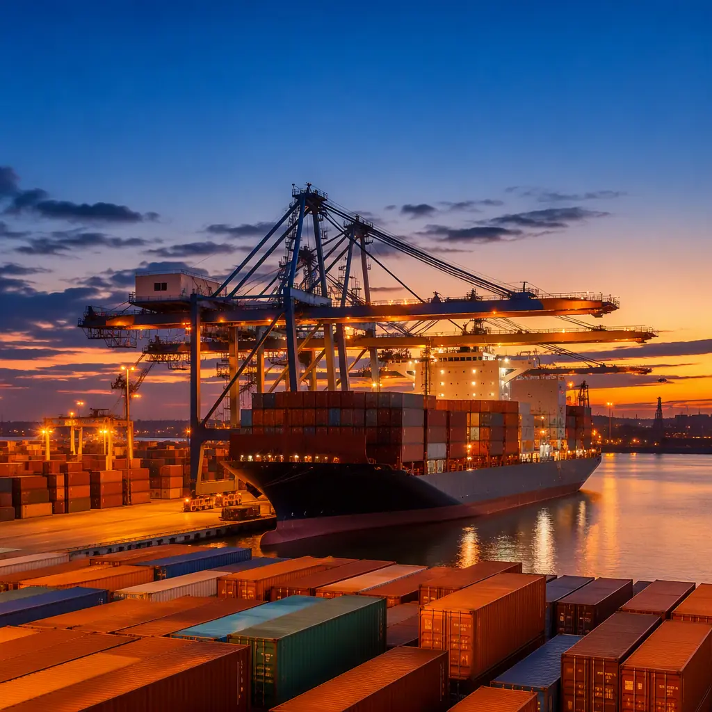 Container yard at a busy port with stacked shipping containers under evening light