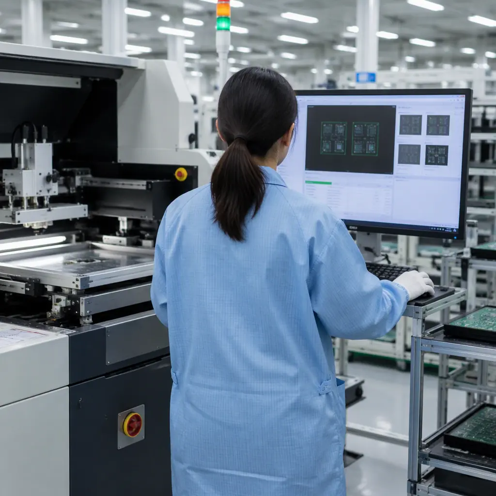 SMT line operator reviewing solder paste inspection data on a monitor beside a stencil printer