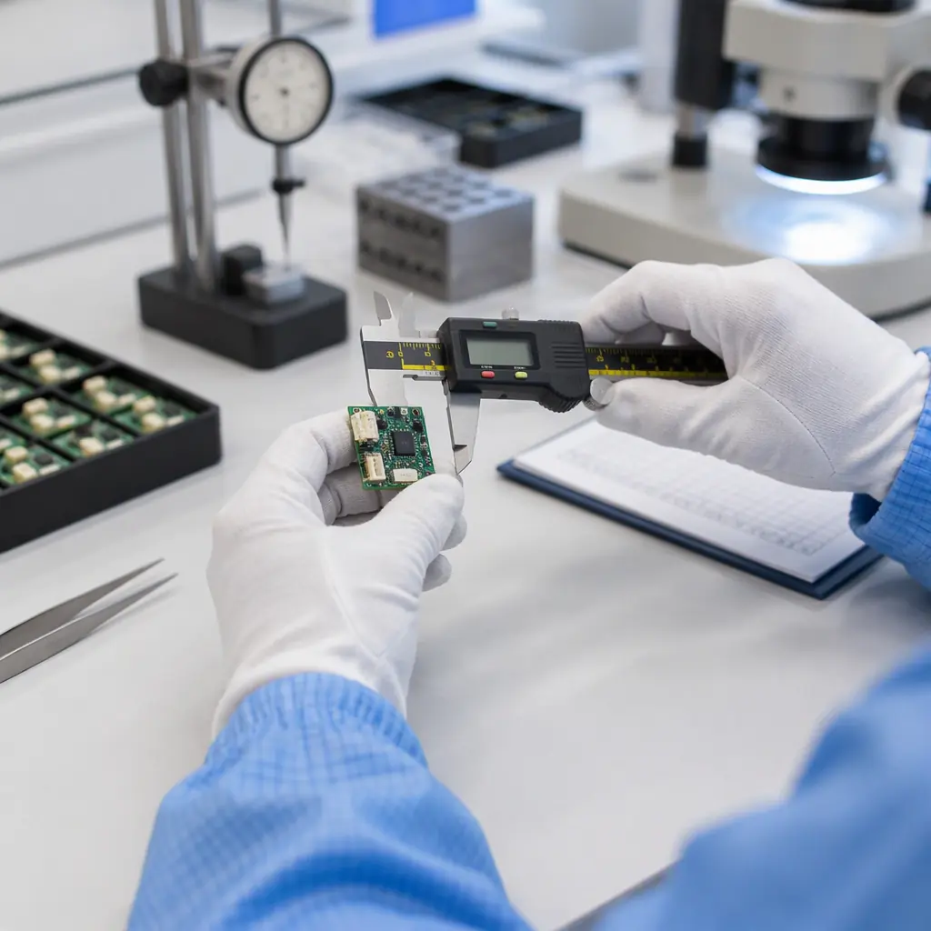 Quality engineer recording measurement data at a coordinate measuring station in an electronics factory