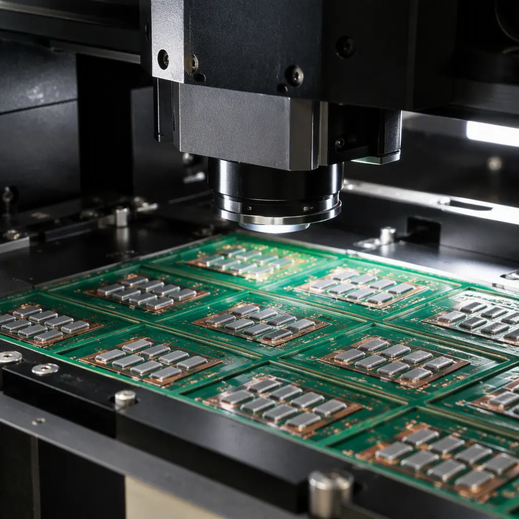 Close-up of a solder paste inspection system measuring paste deposit volume on a PCB panel