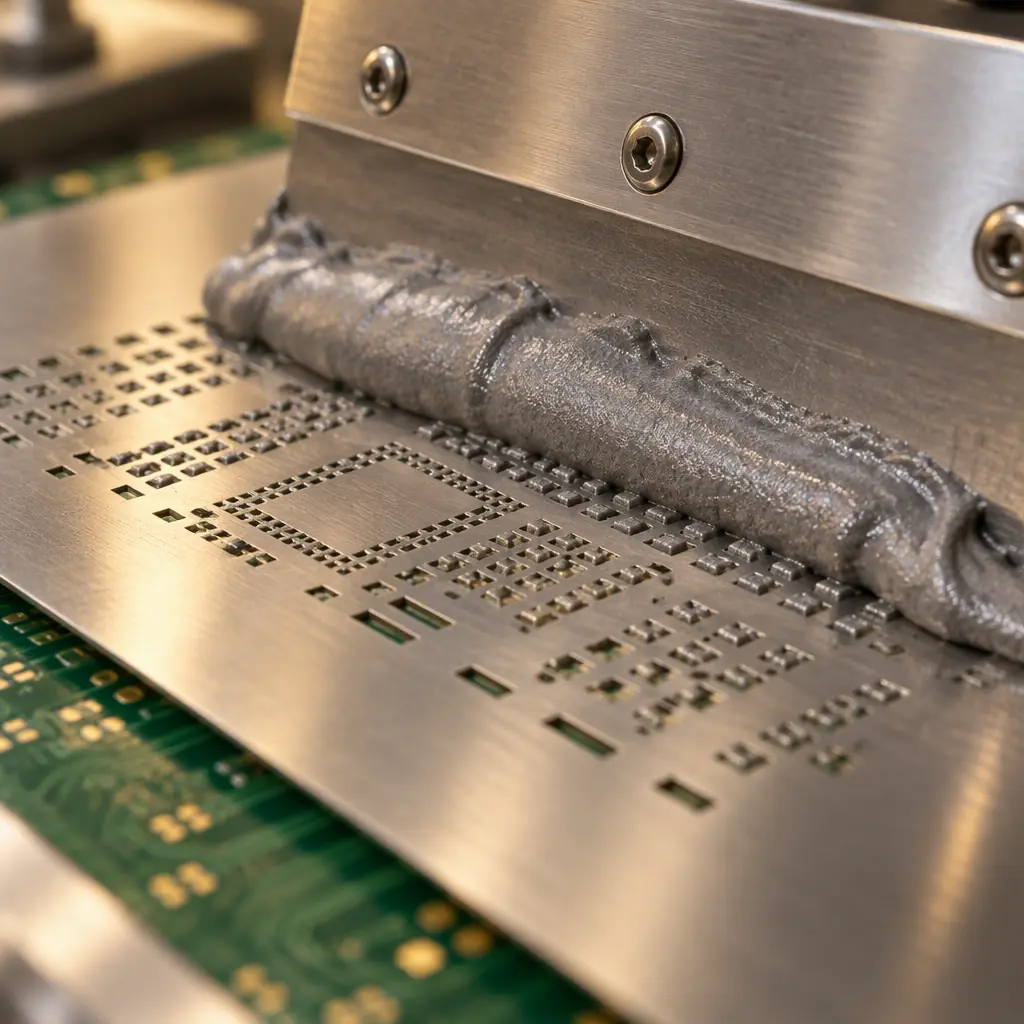 Close-up of a squeegee blade pressing solder paste across a stainless steel stencil over a printed circuit board
