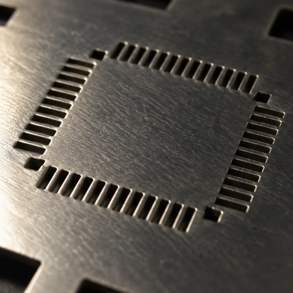 Macro photograph of a laser-cut stainless steel SMT stencil foil with dense fine-pitch component apertures