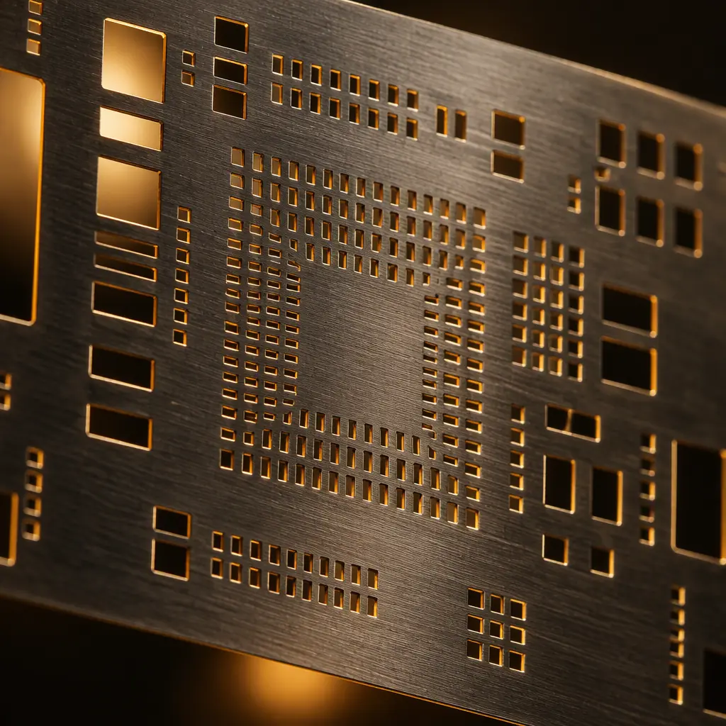 Macro photograph of a stainless steel laser cut SMT stencil foil held to a light source showing fine rectangular apertures