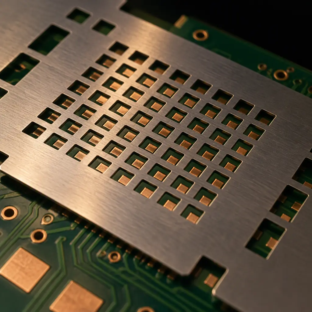 Close-up photograph of a stainless steel stencil aperture array on a fine pitch printed circuit board pad pattern