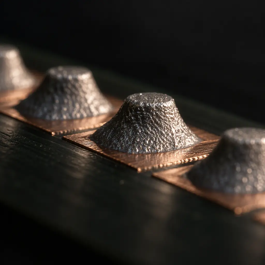 Extreme close-up photograph of solder paste deposits on copper pads viewed at a shallow angle showing printed paste columns
