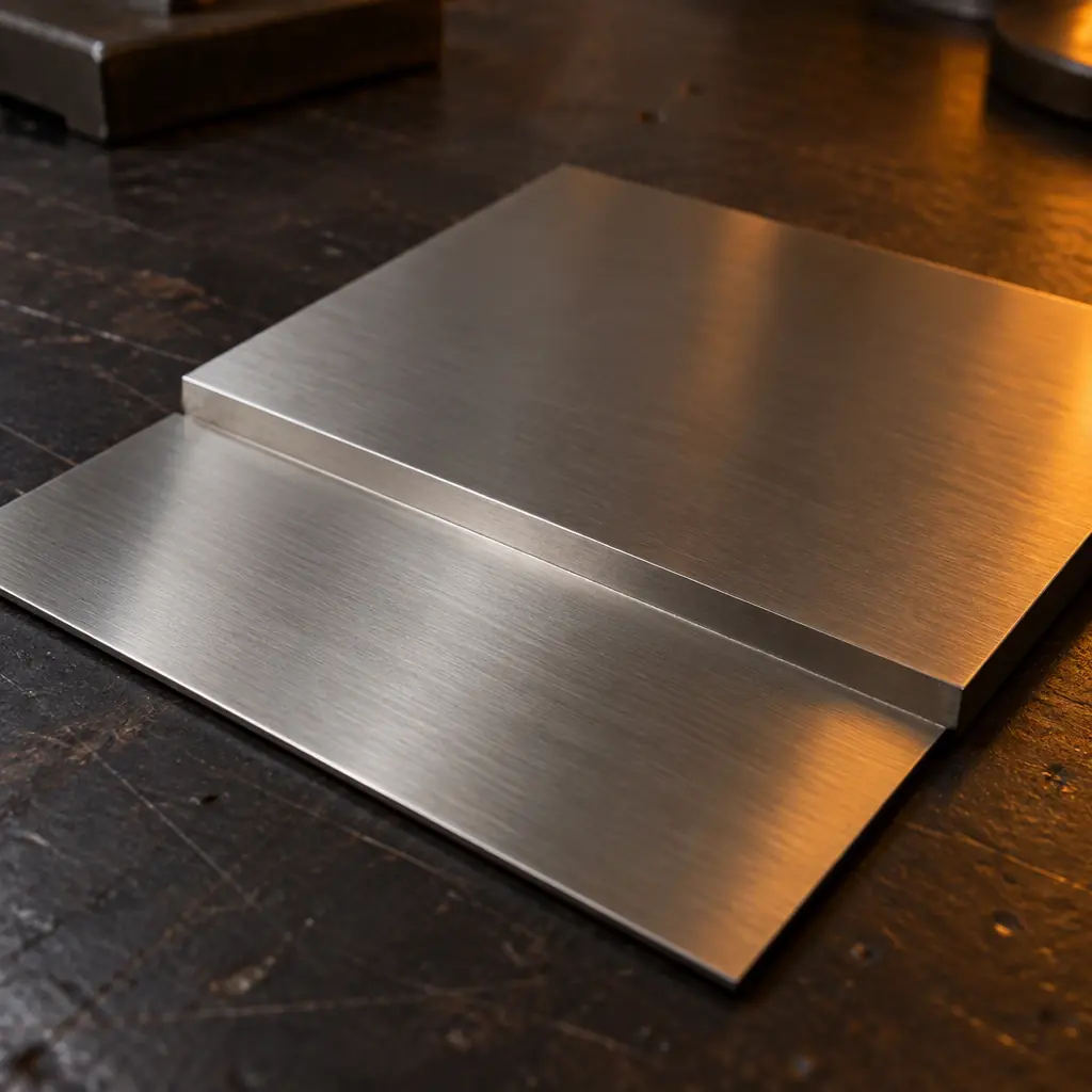 Photograph of a stainless steel step stencil with visible regions of differing foil thickness resting on a work bench