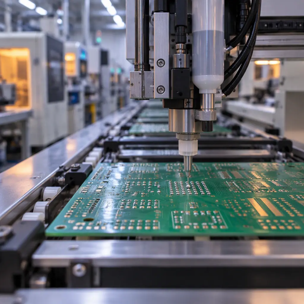 Photorealistic wide shot of a stencil-free SMT assembly line with a jetting dispenser head moving over a PCB on a conveyor, no stencil printer present