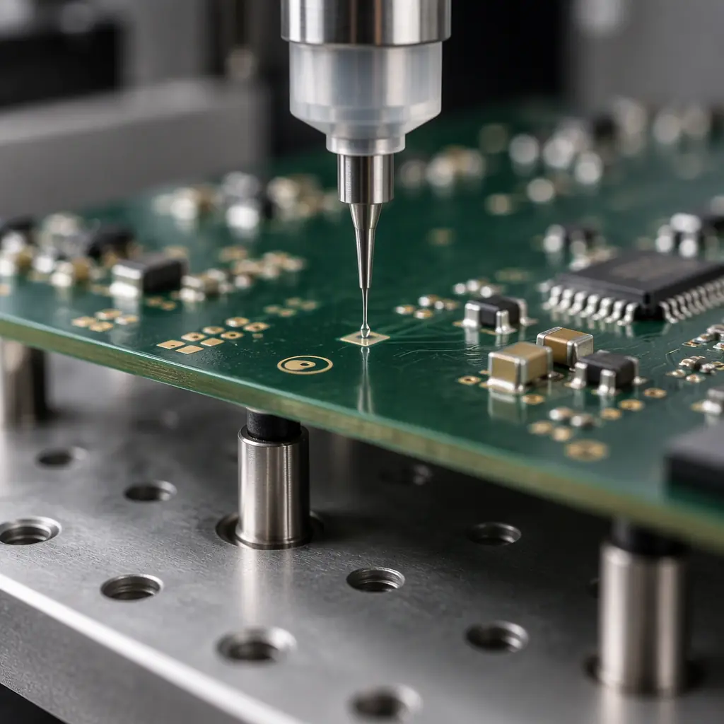 Photorealistic close-up of a PCB held on a vacuum tooling plate with support pins under a jetting dispenser nozzle, fiducial mark visible on the board surface