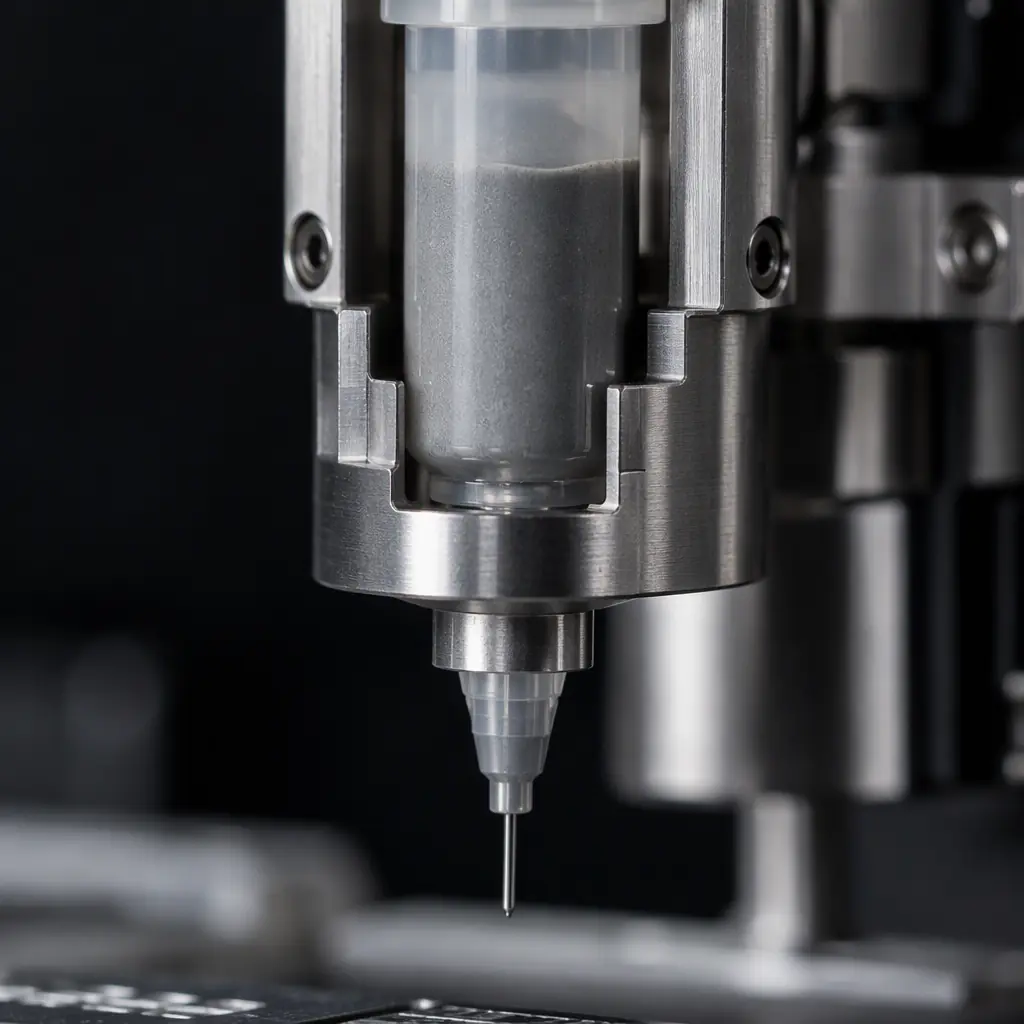 Photorealistic macro photograph of a solder paste cartridge in a jetting dispenser reservoir with the fine nozzle tip visible on a dark background