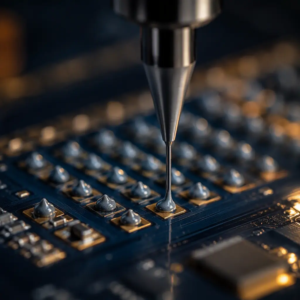 Macro view of a solder paste dispensing needle placing dots onto copper PCB pads during a prototype assembly run
