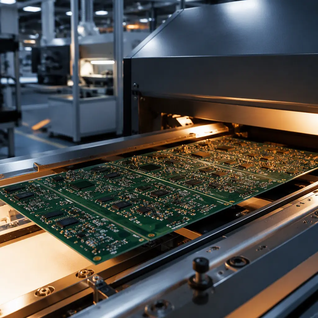 PCB panel loaded into an SMT line for a prototype build with no stencil mounted, paste deposited by jetting head