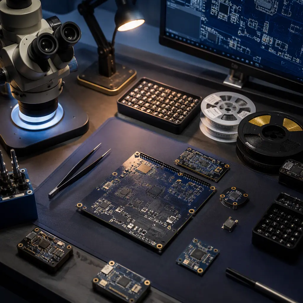 Electronics engineering bench with prototype PCB assemblies in progress, tweezers, component reels and a microscope