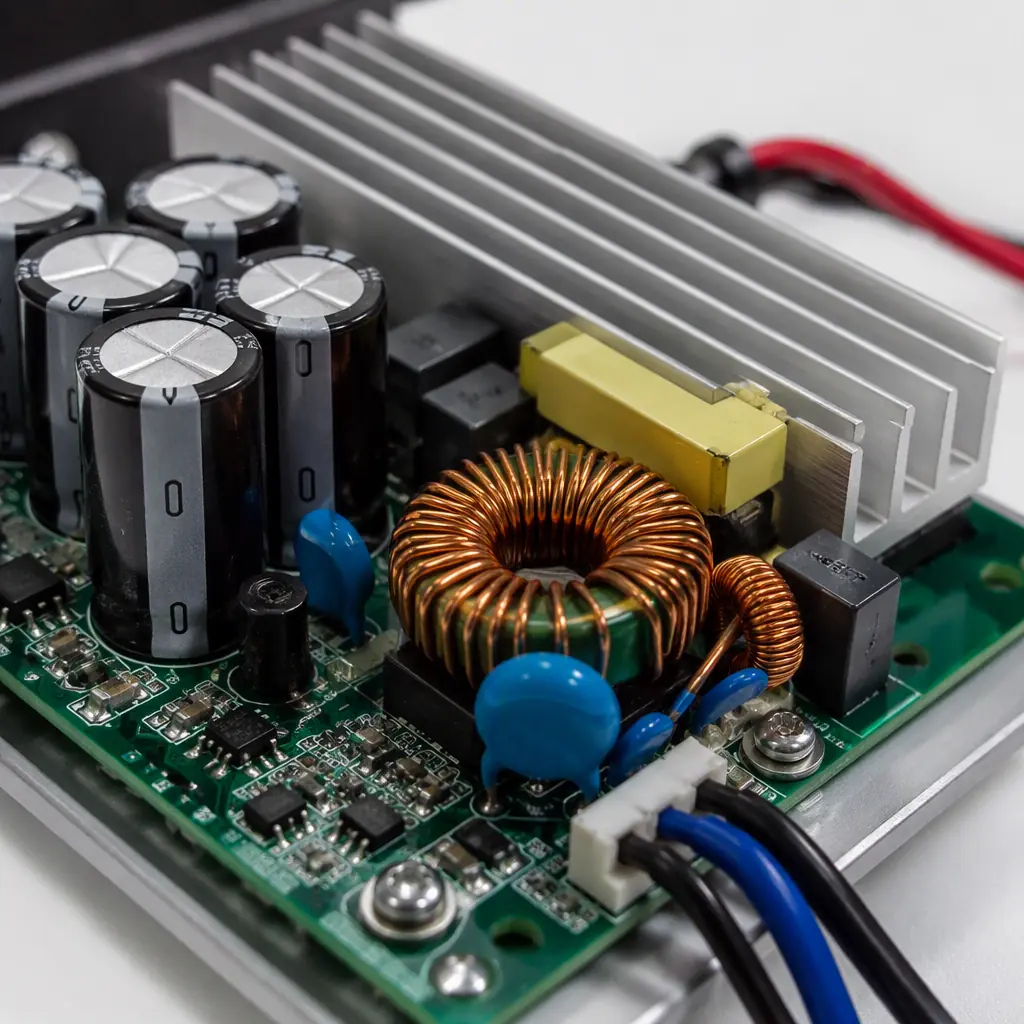 Macro photograph of an outdoor LED driver power stage showing the PFC inductor, surge protection MOV and high-voltage isolation barrier on a PCB