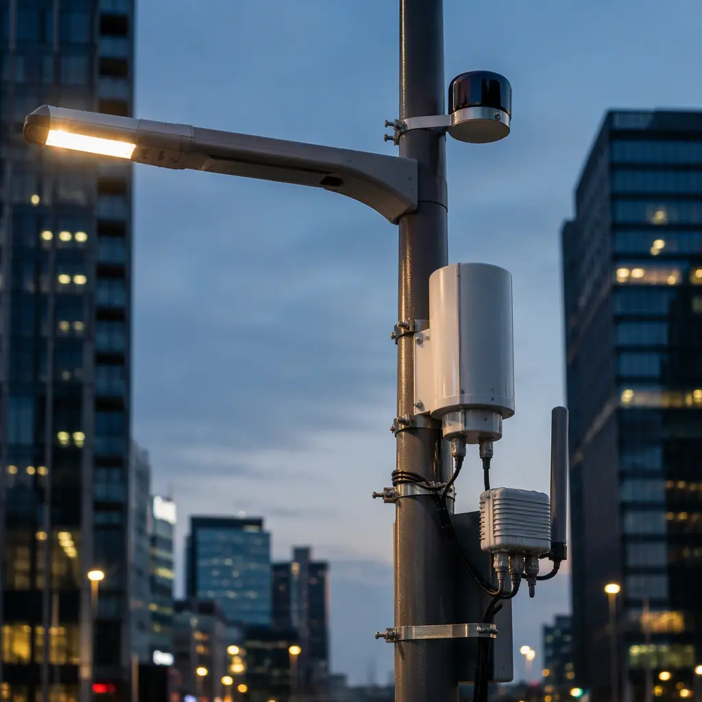 Smart city street lighting pole with a NEMA photocell, drive controller and LoRaWAN telemetry module at dusk