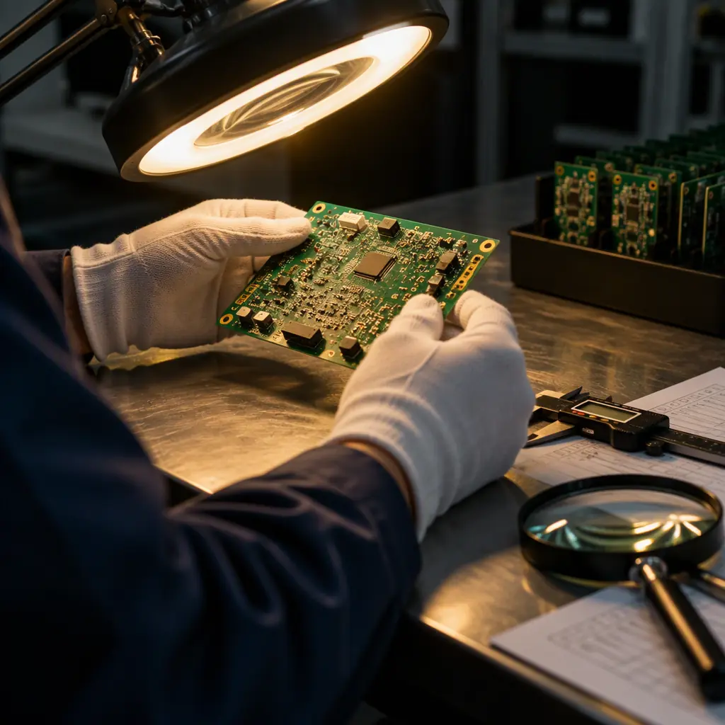 Photograph of printed circuit boards in anti-static packaging stacked on a warehouse inspection table under bright light, close-up of barcode labels and tray edges