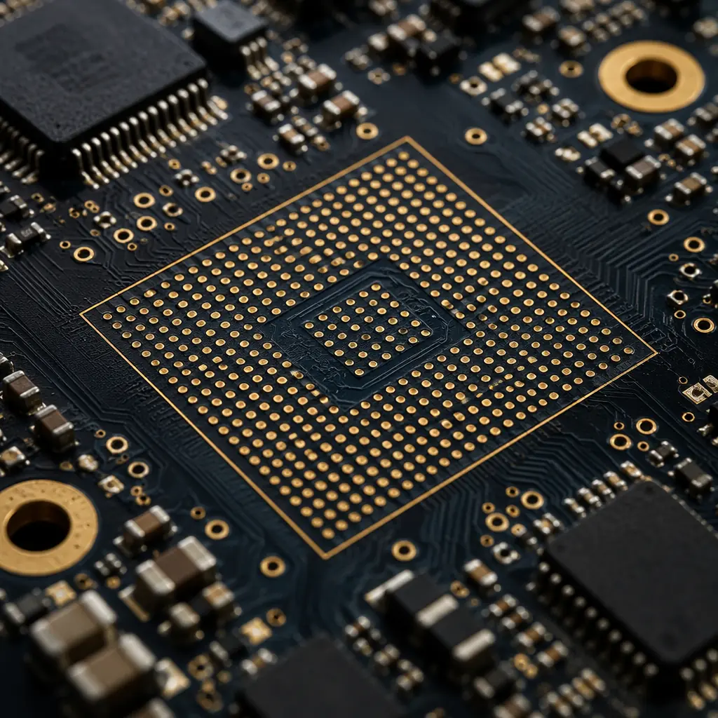 Close-up macro photograph of a surveillance camera mainboard showing impedance-controlled differential pair routing, BGA image processor footprint, and gold-plated connector pads with ENIG surface finish