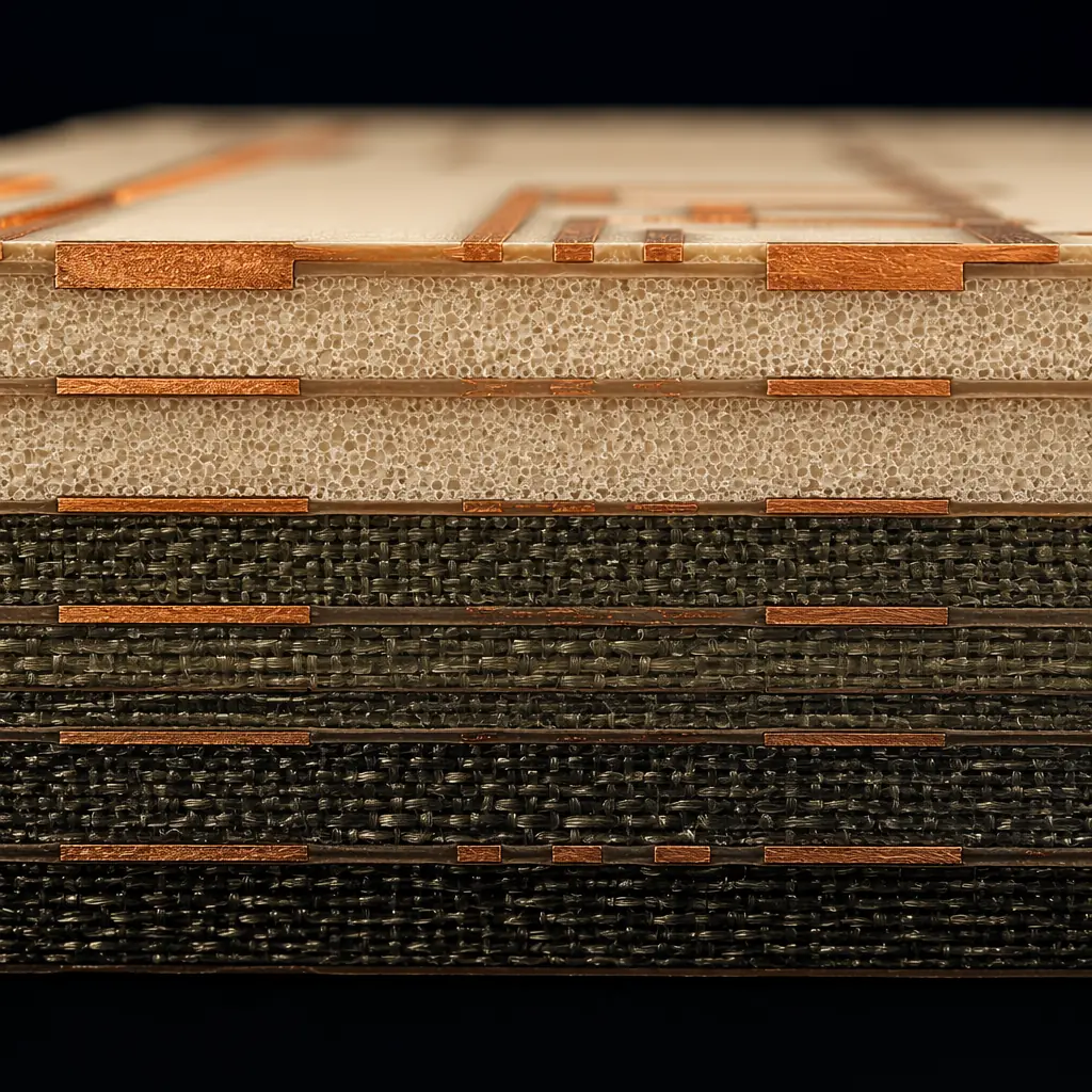Cross-section macro photograph of Rogers RO4350B substrate showing uniform ceramic-filled hydrocarbon microstructure for stable Dk at RF frequencies