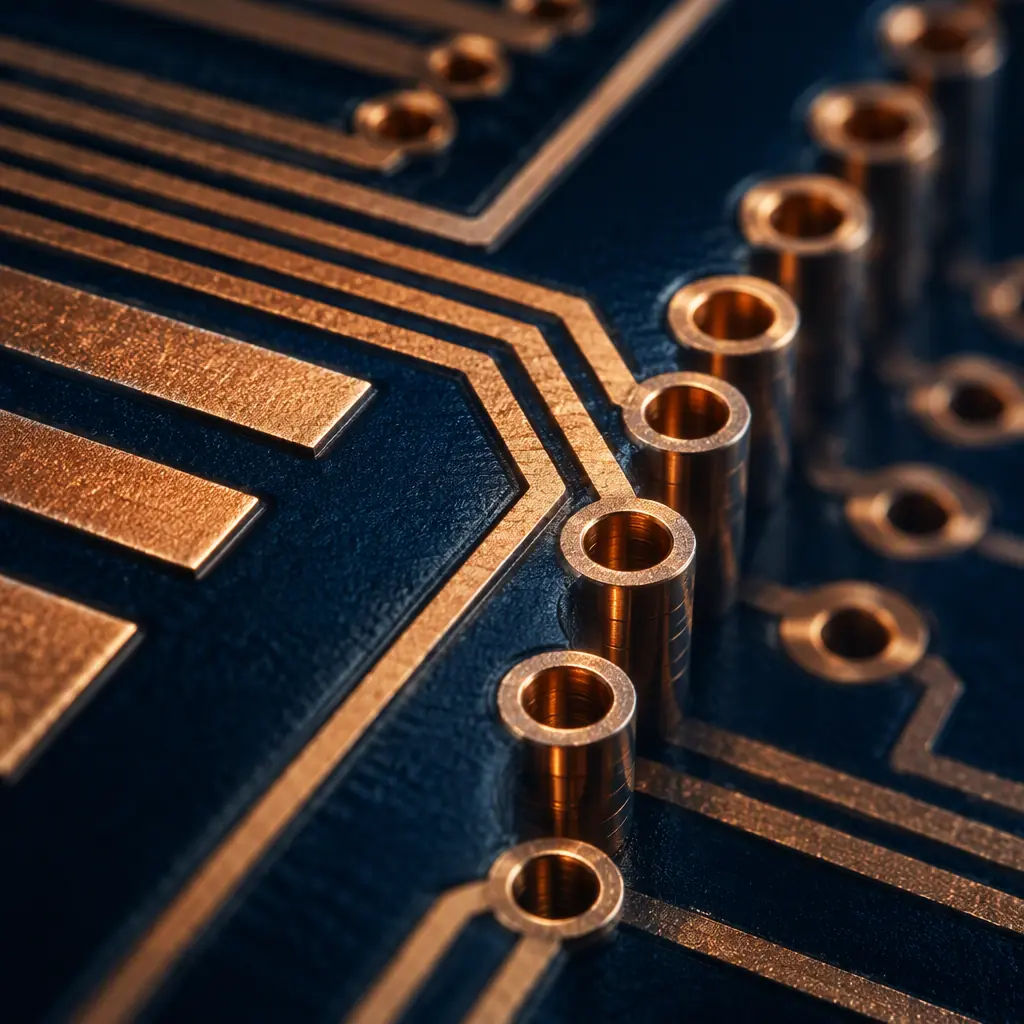 Macro photograph of copper test coupon traces and via chains on a PCB panel edge